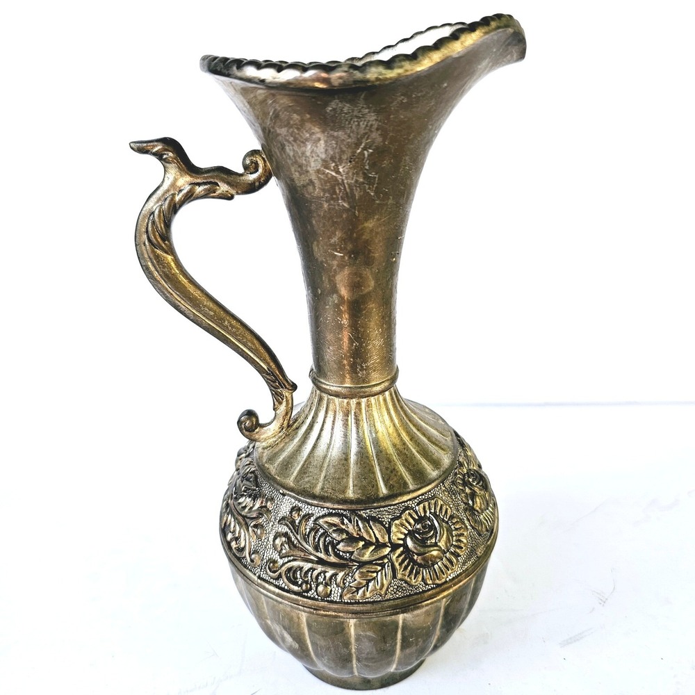Vintage Silver Plated Jug Pitcher Floral Embossed Aged Tarnished Rustic  M530.2‎